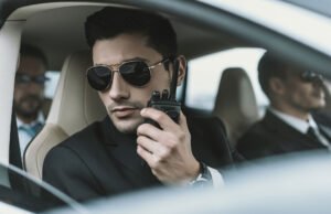 bodyguard in sunglasses talking by portable radio YNBC3RM