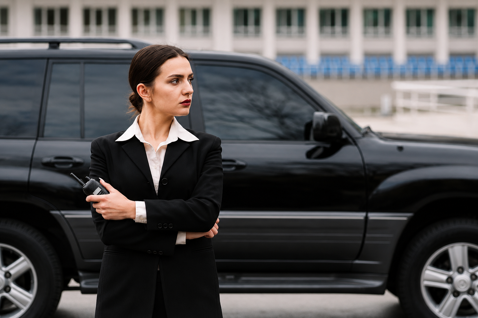 Female close protection officer accompanying client at Dubai event Female close protection officer accompanying client at Dubai event