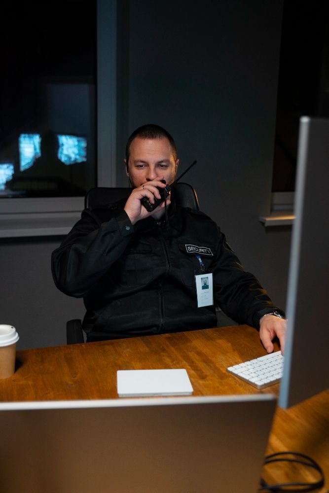 Licensed office security guard at corporate reception desk in DIFC