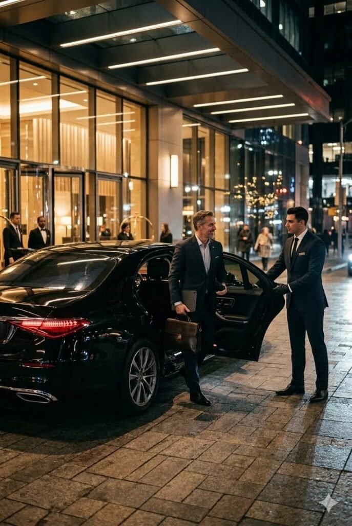 VIP hotel security officer at luxury Dubai hotel entrance