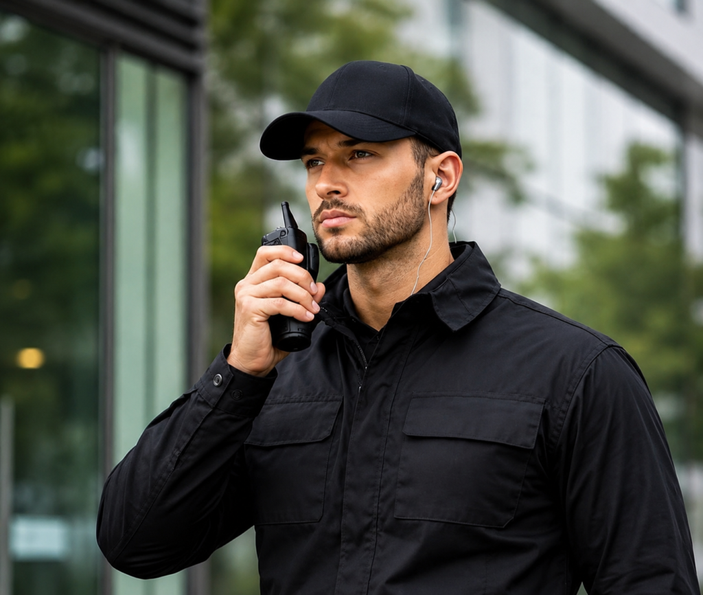 Licensed security guard stationed at private villa entrance in Dubai
