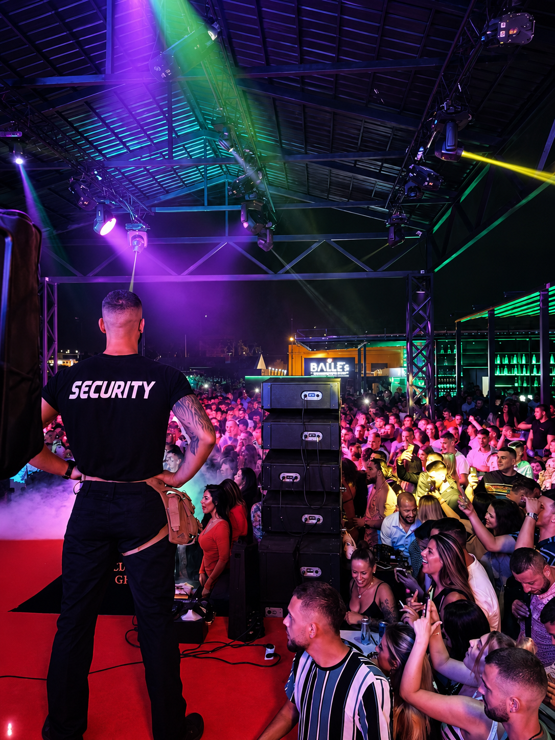 Nightclub security team managing crowd control on busy Dubai club floor Nightclub security team managing crowd control on busy Dubai club floor