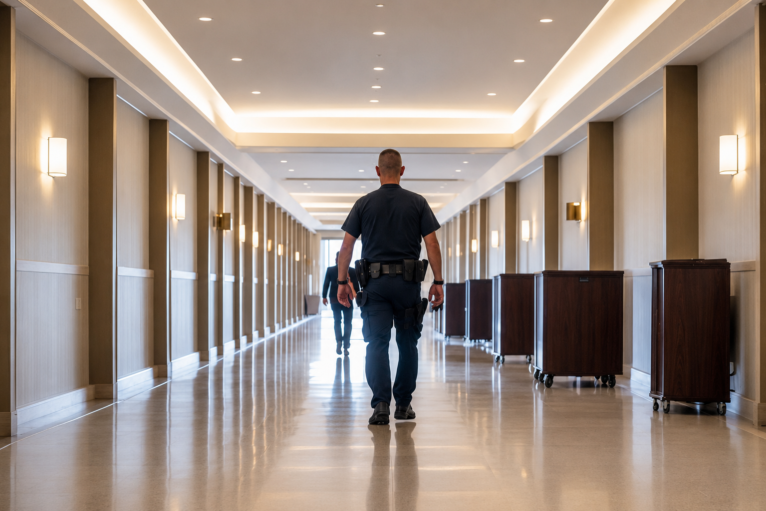 VIP protection officer escorting guest at luxury Dubai hotel entrance VIP protection officer escorting guest at luxury Dubai hotel entrance