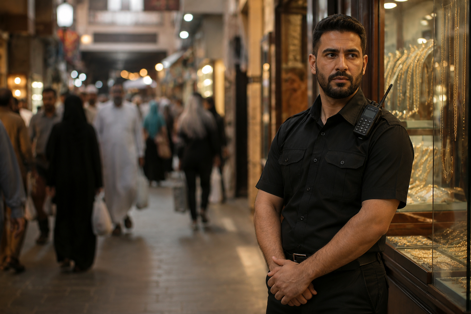 Security guard on duty at Gold Souk entrance in Deira, Dubai Security guard on duty at Gold Souk entrance in Deira, Dubai