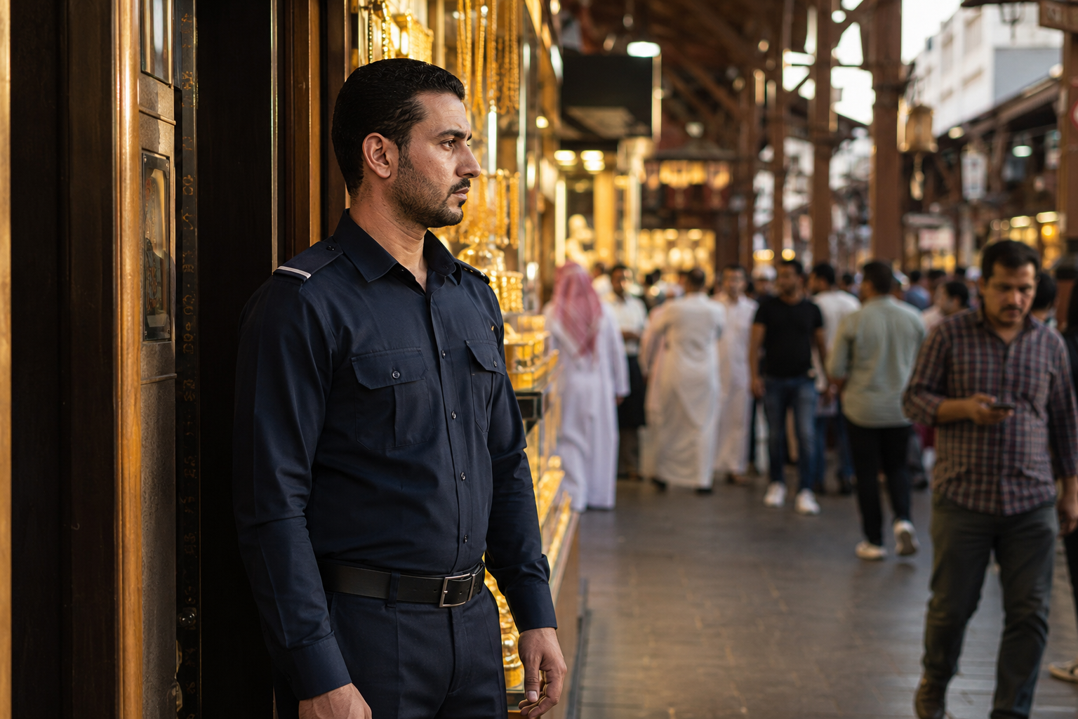 Static security guard posted at a shop in Deira's Gold Souk Static security guard posted at a shop in Deira's Gold Souk