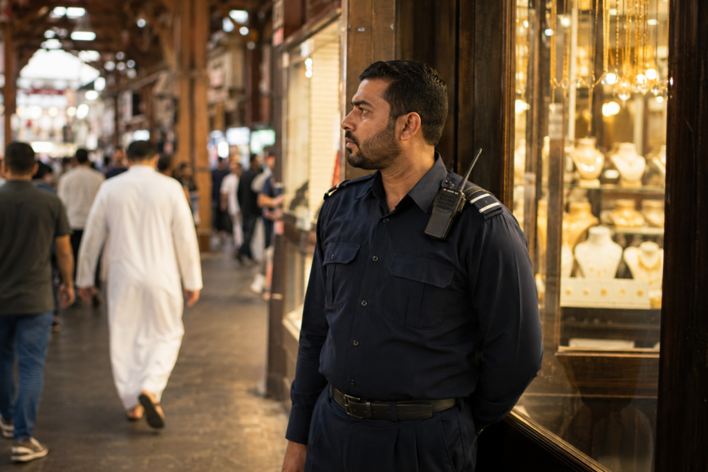 Security supervisor briefing a guard before shift deployment
